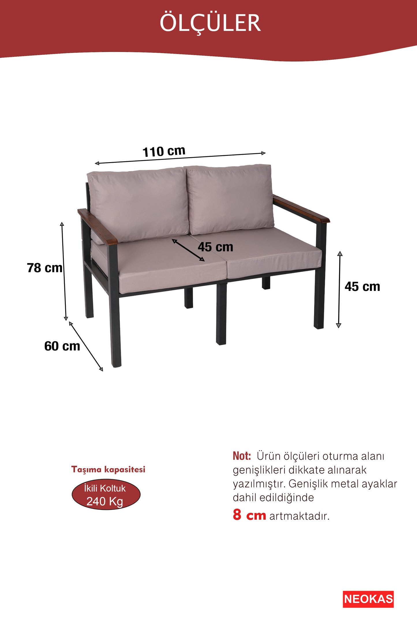 NEOKAS Bahce Mobilyası, Modern Balkon Mobilyası, Kafe Oturma Takımı, Teras Koltugu, 1 ikili Koltuk
