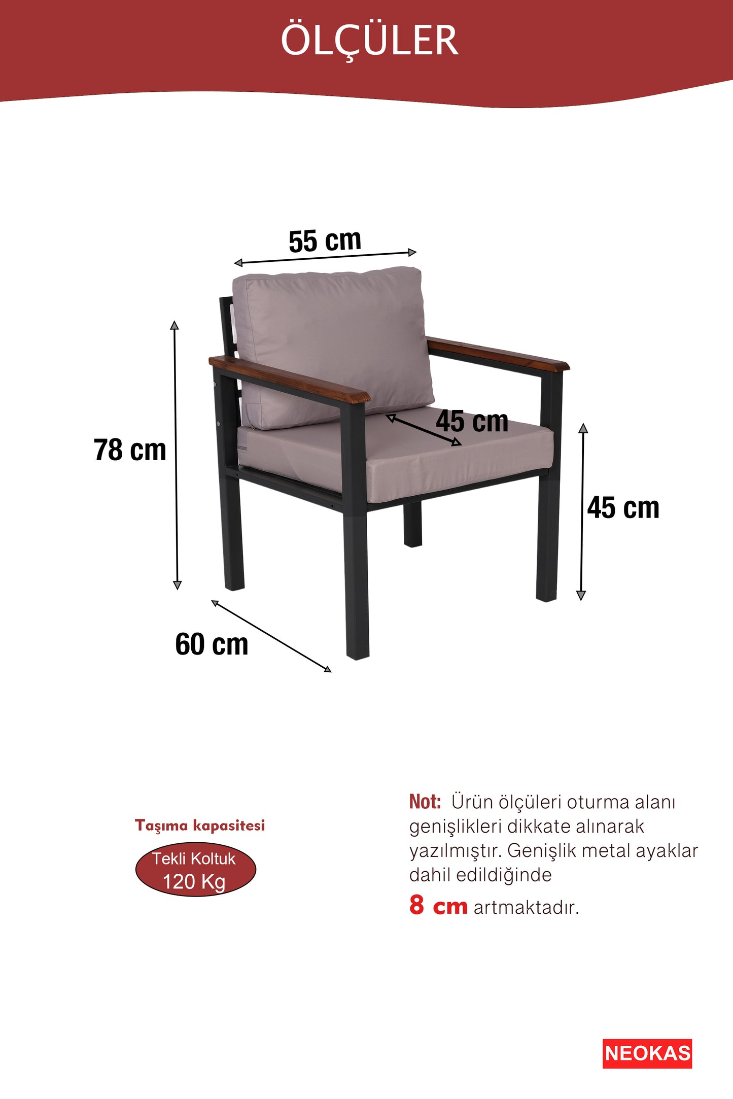 NEOKAS Bahce Mobilyası, Modern Balkon Mobilyası, Kafe Oturma Takımı, Teras Koltugu, 2 tekli Koltuk