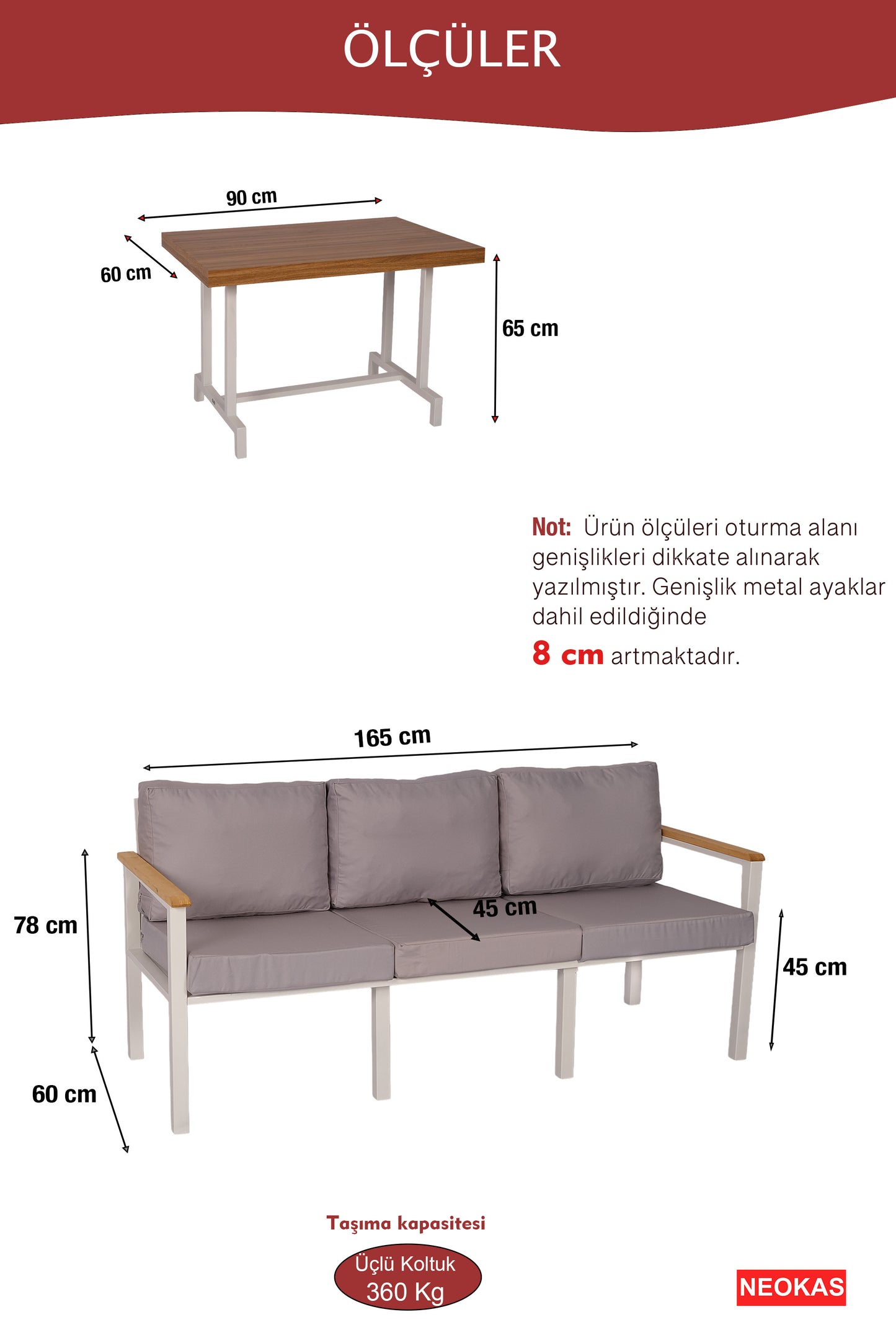 NEOKAS Balkon Mobilyası, Bahçe Takımı, 1 üçlü Koltuk, Kafe Koltuğu, Bekleme Alanı Koltuğu