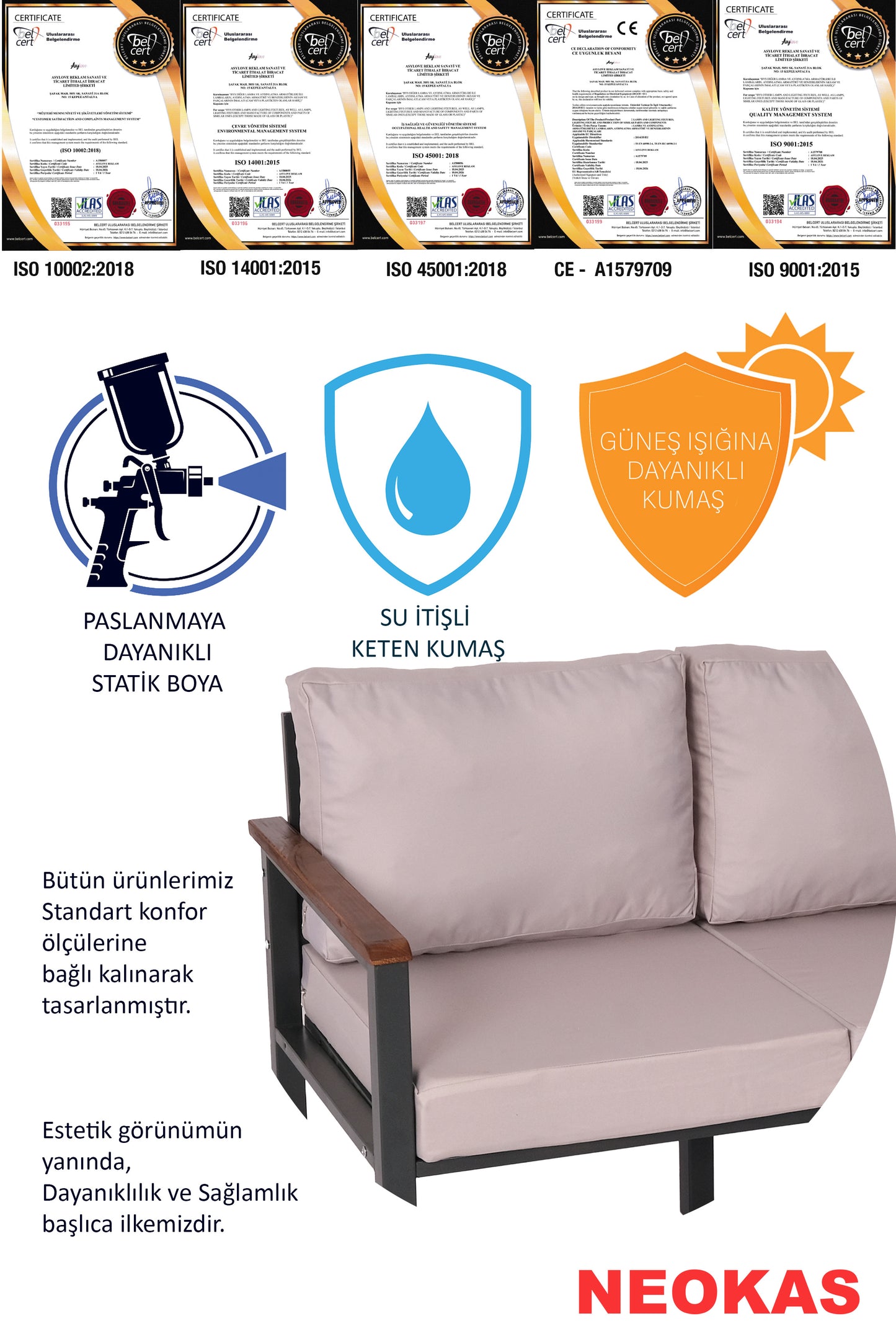 NEOKAS Balkon Mobilyası, Metal Oturma Grubu, Balkon Seti, Kafe Koltuğu, Teras Takımı, 1 + 1 + 2 + M