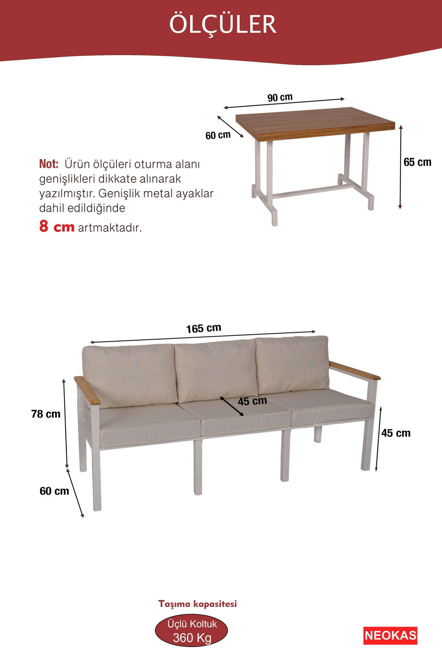 NEOKAS Metal Bahçe Oturma Grubu, Balkon Takımı, Kafe Koltuğu, Bekleme Alanı Koltuğu, 1 Adet Üçlü Koltuk