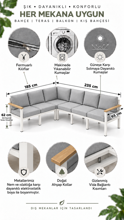 NEOKAS L Köşe Koltuk Takımı 6 Kişilik Bahçe Mobilyası Balkon ve Teras Oturma Grubu