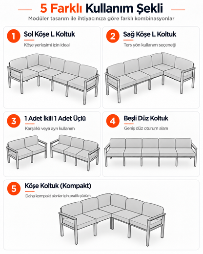 NEOKAS L Köşe Takımı 5 Kişilik, Metal Balkon Bahçe ve Teras Koltuk Takımı