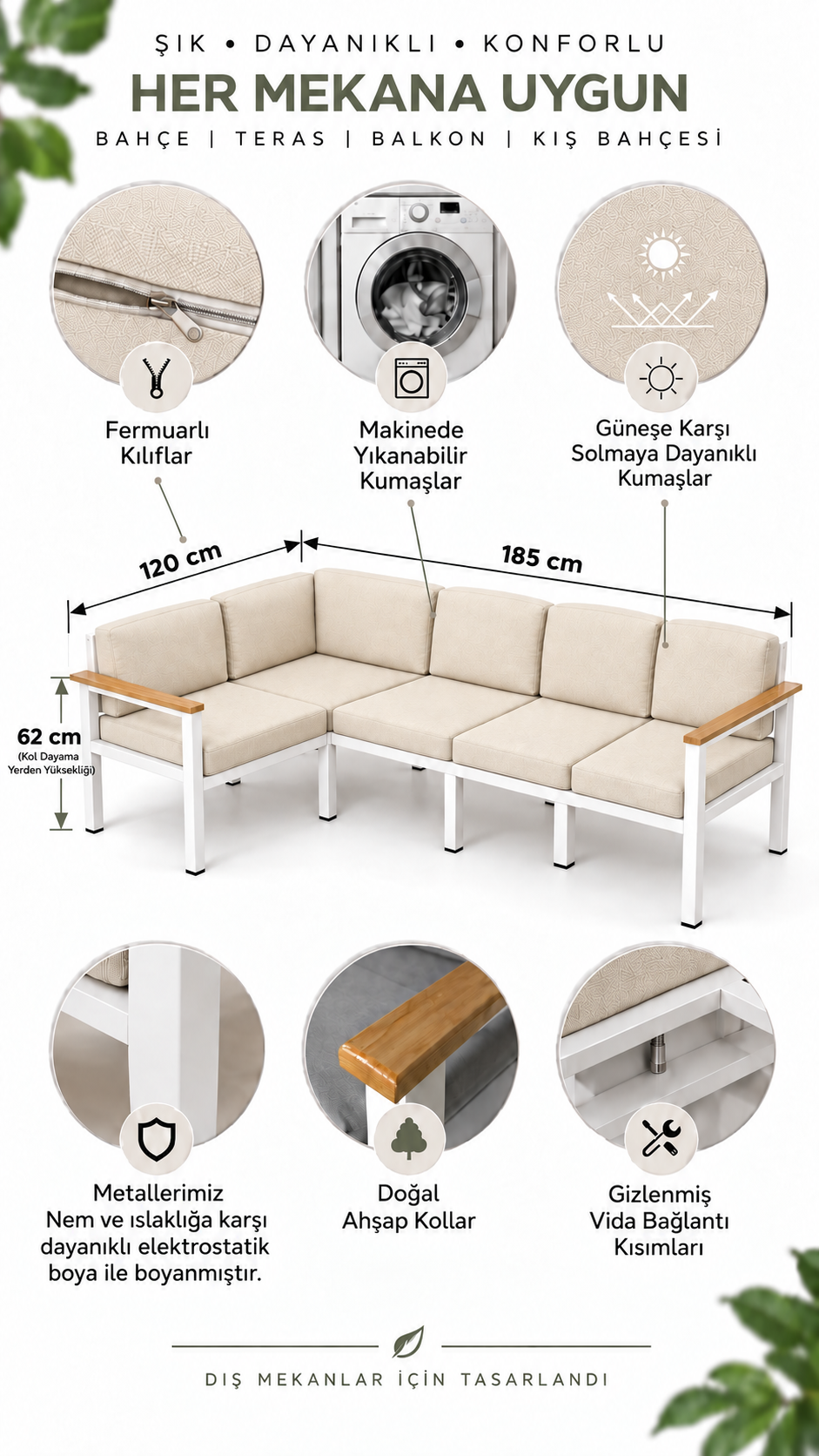 NEOKAS L Köşe Takımı 5 Kişilik, Metal Balkon Bahçe ve Teras Koltuk Takımı