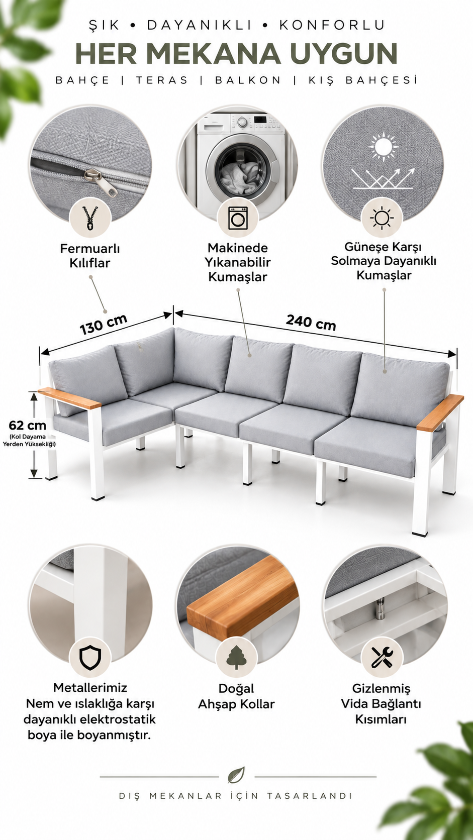 NEOKAS Balkon L Koltuk, 5 Kişilik Köşe Takımı,  Bahçe Mobilyası