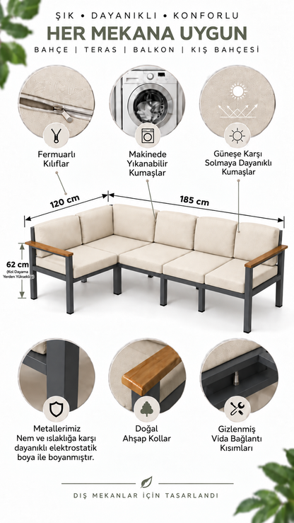 NEOKAS Balkon L Koltuk 5 Kişilik Köşe Takımı, Metal Bahçe Mobilyası, Balkon Oturma Grubu