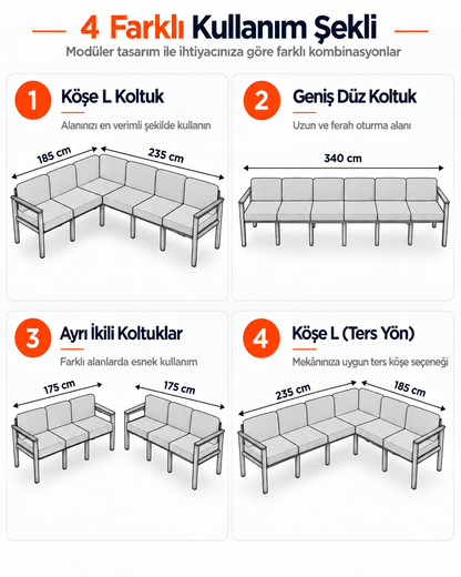 6 Kişilik Balkon Köşe Takımı L Koltuk Bahçe Mobilyası Dış Mekan Oturma Grubu