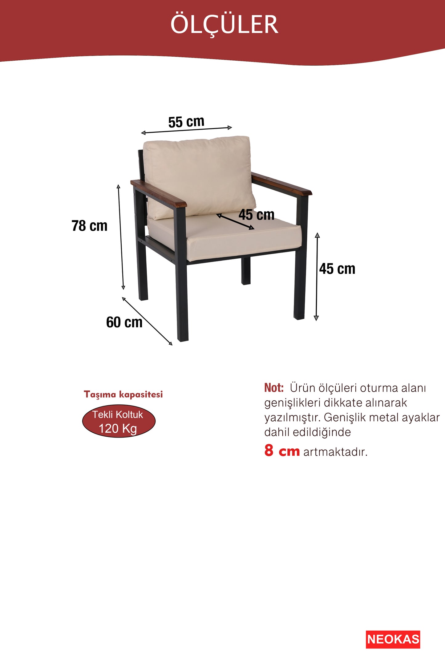 NEOKAS Balkon Mobilyası, Metal Oturma Grubu, Balkon Seti, Kafe Koltuğu, Teras Takımı, 1 Koltuk