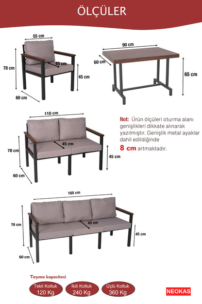 NEOKAS Bahce Mobilyası, 1+1+3+Masa Modern Balkon Mobilyası, Kafe Oturma Takımı, Teras Koltugu,
