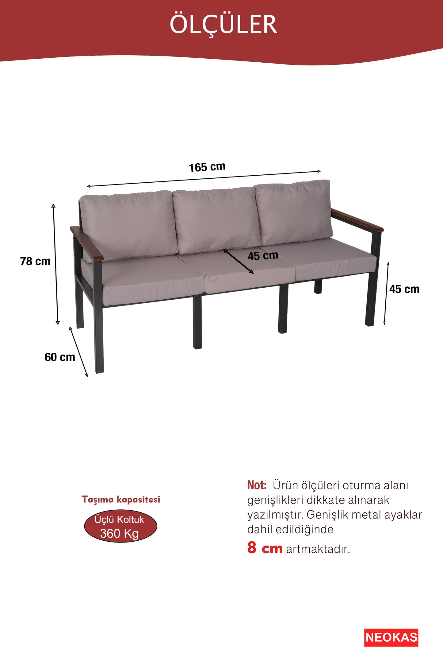 NEOKAS Bahce Mobilyası, Modern Balkon Mobilyası, Kafe Oturma Takımı, Teras Koltugu, 1 üçlü Koltuk