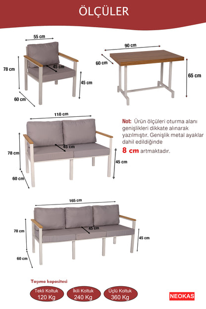 NEOKAS  Bahçe Takımı, Balkon Mobilyası, 2+3+Masa, Kafe Koltuğu, Minimalist Tasarım