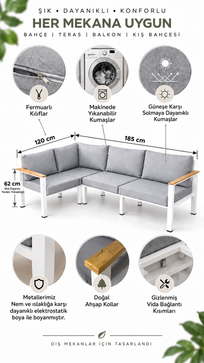 NEOKAS Balkon Köşe Takımı,L Koltuk,  4 Kişilik Bahçe Mobilyası, Behçe Mobilyası
