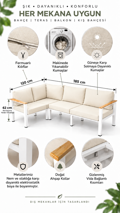 NEOKAS Bahçe Köşe Takımı, L Koltuk,  4 Kişilik Bahçe Mobilyası, Behçe Mobilyası