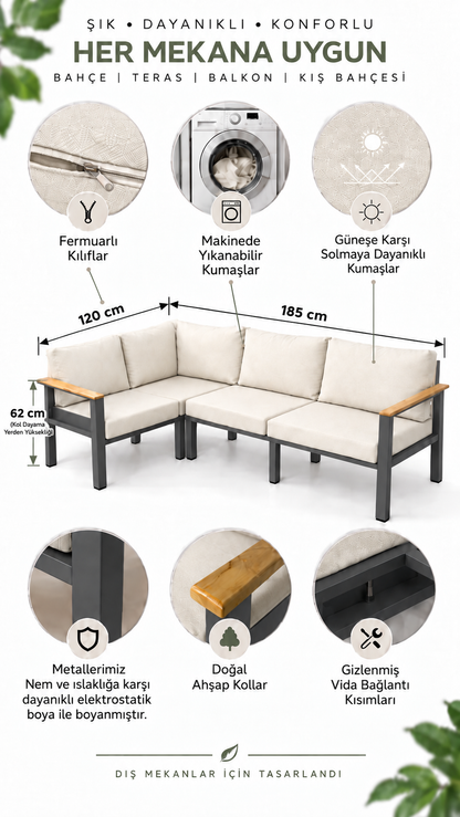 NEOKAS Balkon Köşe Takımı, 4 Kişilik L Koltuk, Bahçe Mobilyası, Behçe Mobilyası