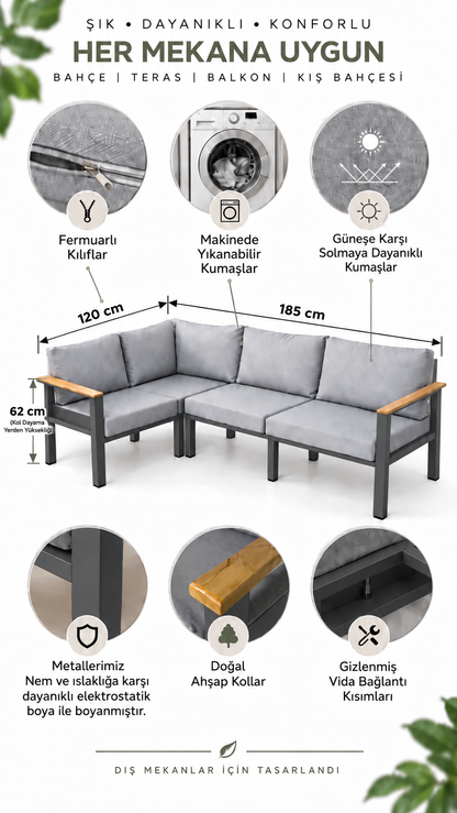NEOKAS Balkon L Koltuk, 4 Kişilik Köşe Takımı, Bahçe Mobilyası, Balkon Mobilyası