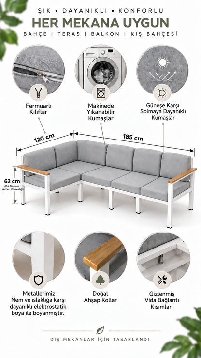 NEOKAS Metal L Köşe Koltuk 5 Kişilik, Balkon ve Bahçe Mobilyası