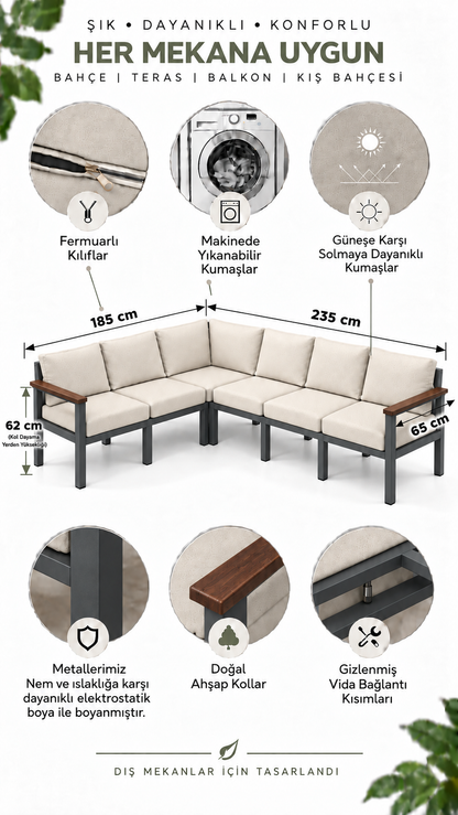 NEOKAS Balkon L Koltuk 6 Kişilik Köşe Takımı, Metal Bahçe Mobilyası, Balkon Oturma Grubu