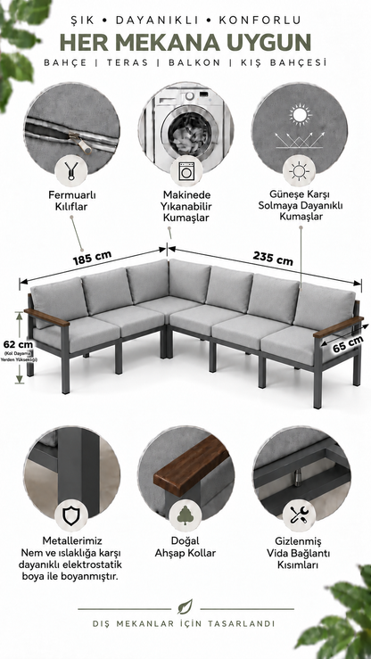 NEOKAS Bahçe Mobilyası 6 Kişilik L Koltuk Köşe Takımı Balkon Oturma Grubu