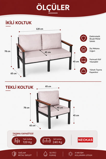NEOKAS Bahçe Balkon Mobilyası, 3 + 2 +1  Bahçe Takımı, Kafe Koltuğu, Bekleme Alanı Koltuğu,