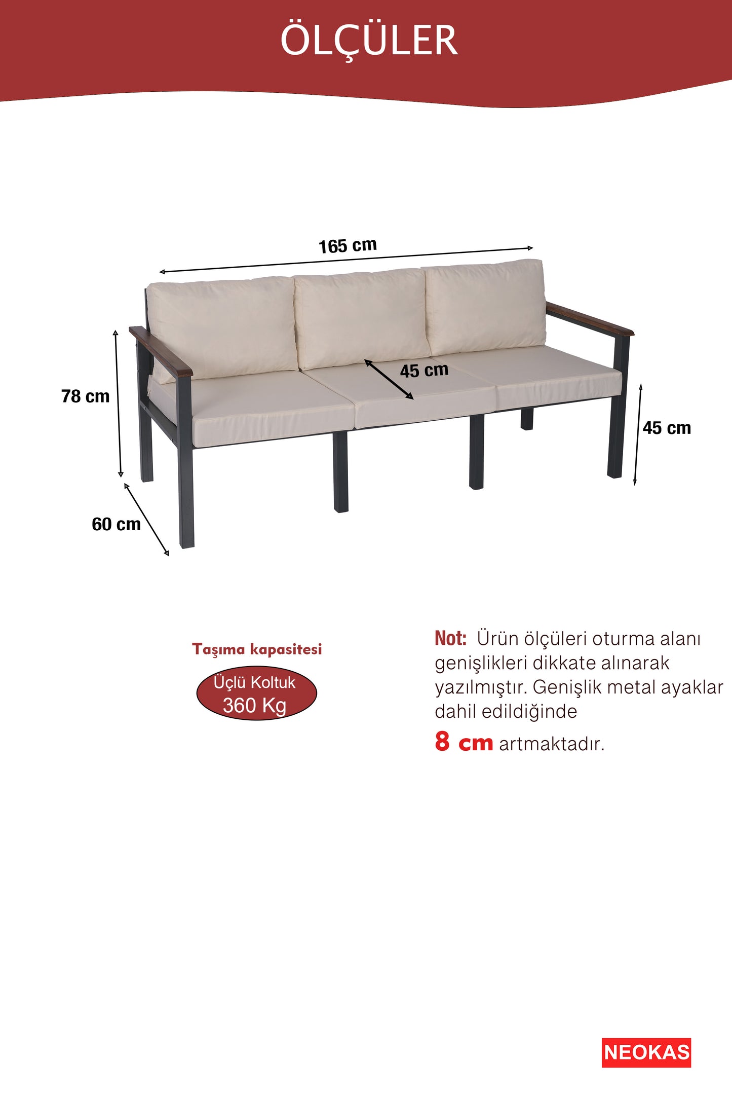 NEOKAS Balkon Mobilyası, Metal Oturma Grubu, Balkon Seti, Kafe Koltuğu, Teras Takımı, 1 Üçlü Koltuk