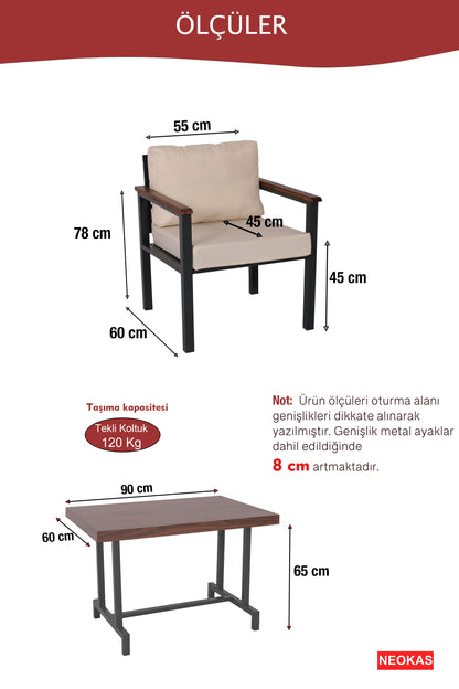NEOKAS Balkon Mobilyası, Metal Oturma Grubu, Balkon Seti, Kafe Koltuğu, Teras Takımı, 2 Tekli Koltuk + 1 Adet Masa