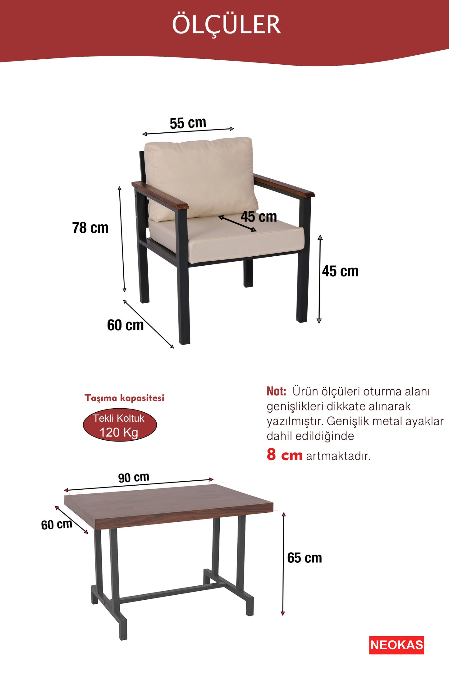 NEOKAS Balkon Mobilyası, Metal Oturma Grubu, Balkon Seti, Kafe Koltuğu, Teras Takımı, 2 Tekli Koltuk + 1 Adet Masa
