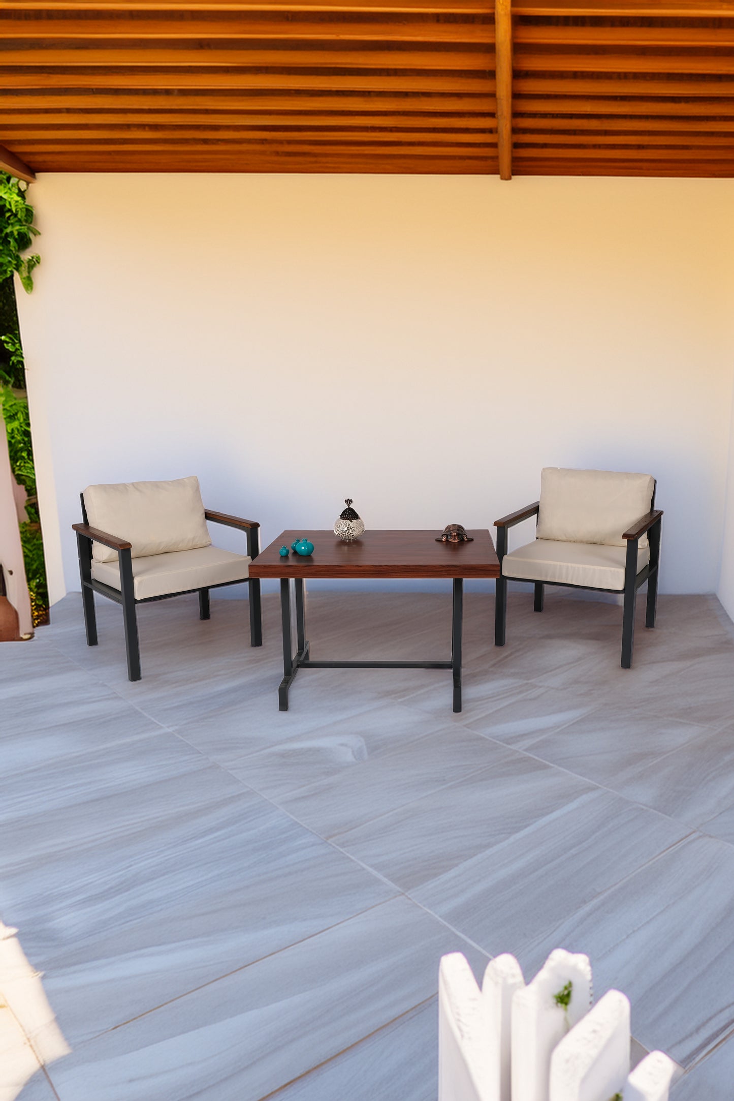 NEOKAS Balkon Mobilyası, Metal Oturma Grubu, Balkon Seti, Kafe Koltuğu, Teras Takımı, 2 Tekli Koltuk + 1 Adet Masa