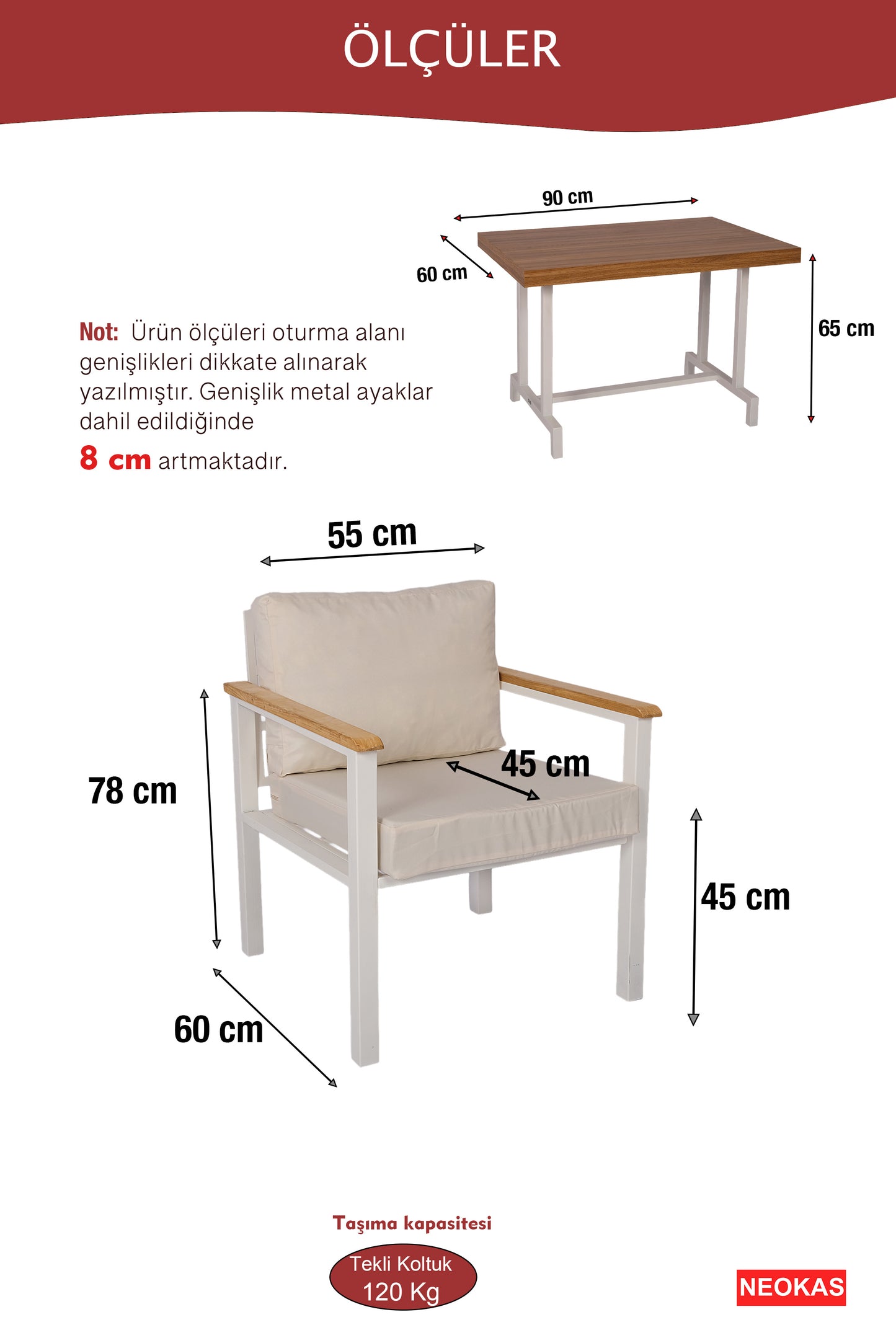 NEOKAS Metal Bahçe Oturma Grubu, Balkon Takımı, Kafe Koltuğu, Bekleme Alanı Koltuğu, 1 + 1 + Masa