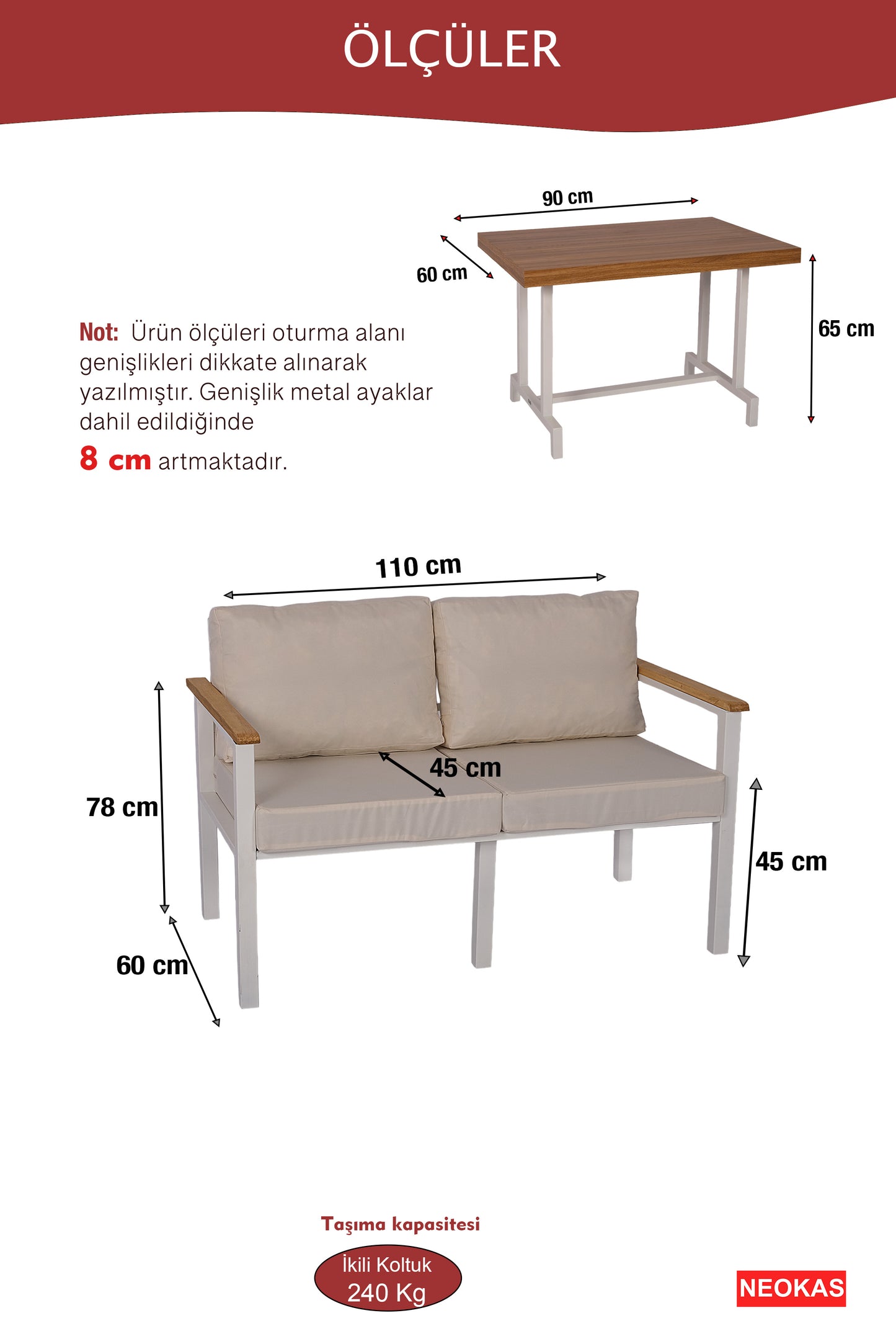 NEOKAS Metal Bahçe Oturma Grubu, Balkon Takımı, Kafe Koltuğu, Bekleme Alanı Koltuğu, 1 Adet ikili Koltuk